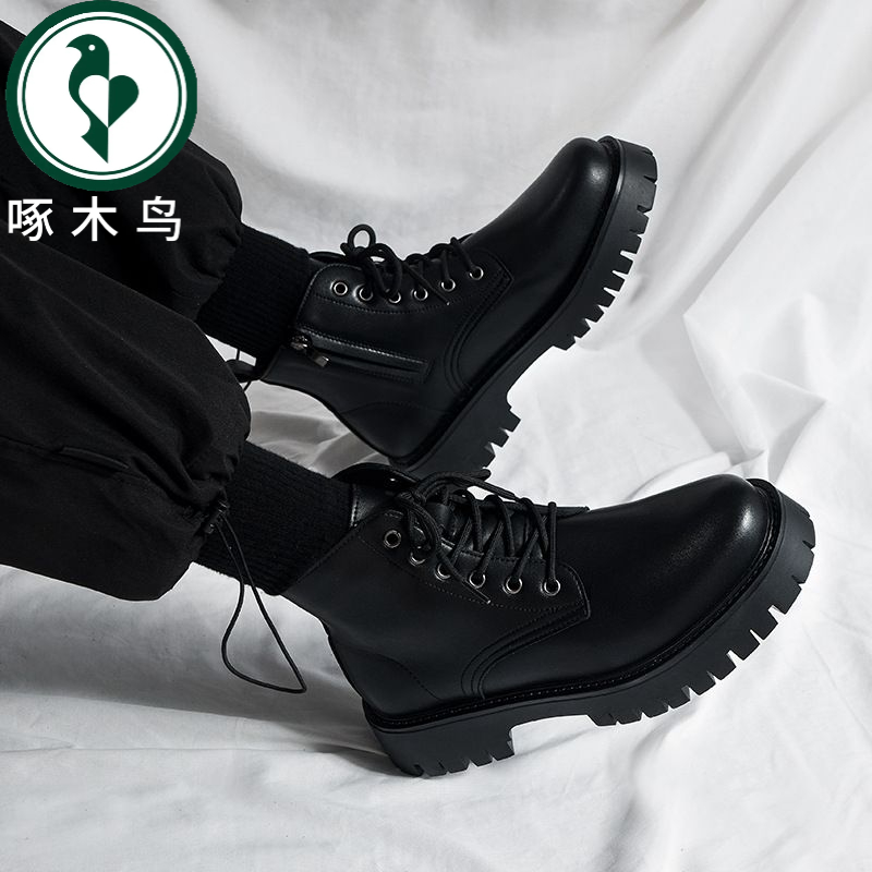 【正品】啄木鸟厨师男鞋春季防滑防水厨房高帮皮靴黑色休闲皮鞋
