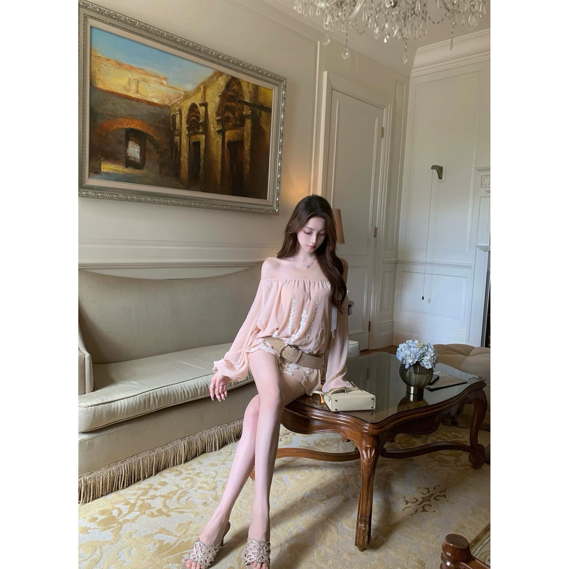 kubiliv雾纱蜜语vtg重工立体花朵灯笼袖衬衫长袖宽松雪纺上衣9703