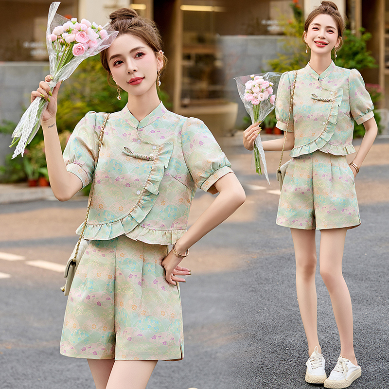 新中式国风提花套装女2025夏季新款复古盘扣小个子百搭短裤两件套