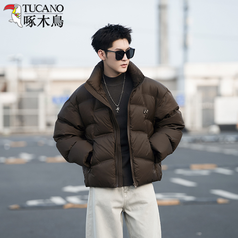 啄木鸟痞帅保暖羽绒服男款2025新款加厚短款情侣咖色男士冬季外套