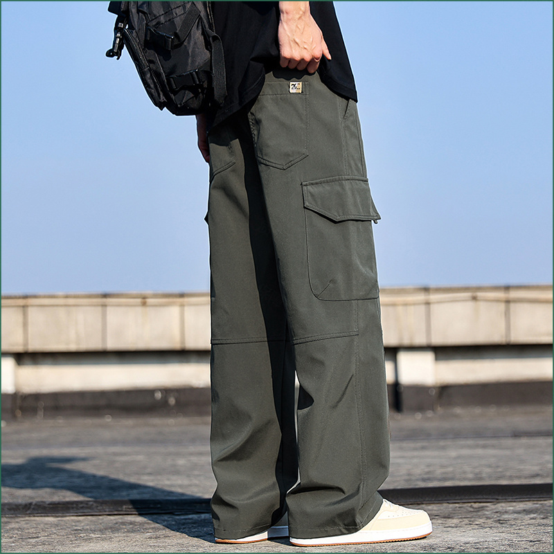 直筒工装裤黑色夏季高街宽松潮牌薄款美式多口袋冰丝休闲裤裤子