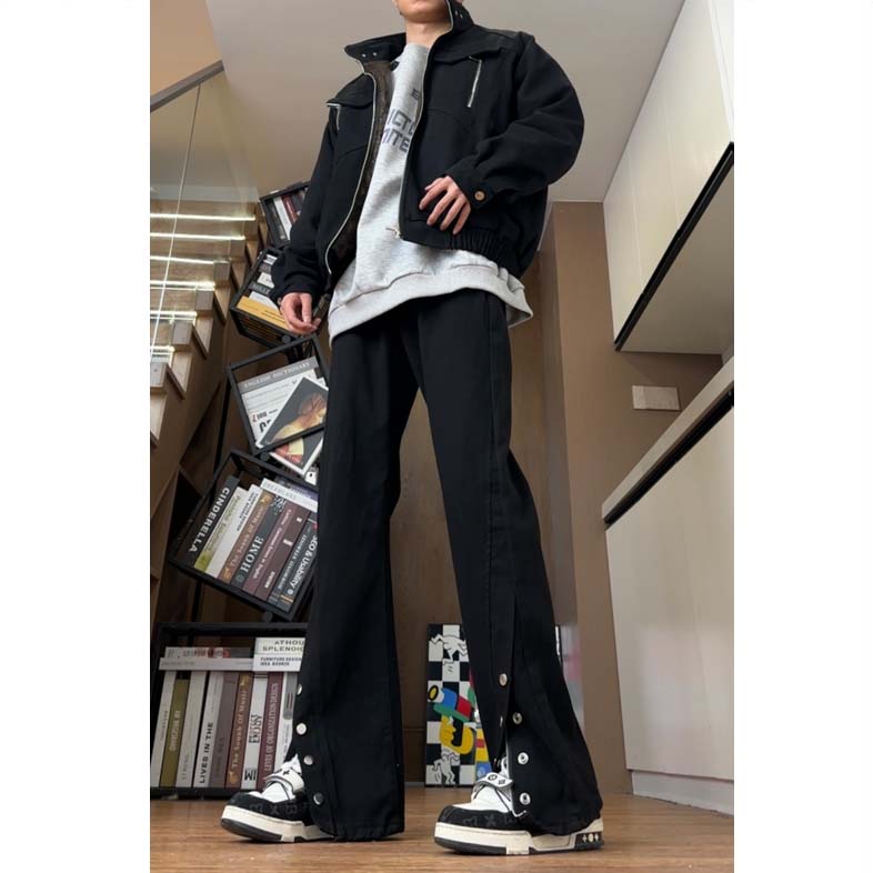 黑色排扣牛仔裤男美式街头微喇休闲裤春夏高街ins潮牌大码长裤子