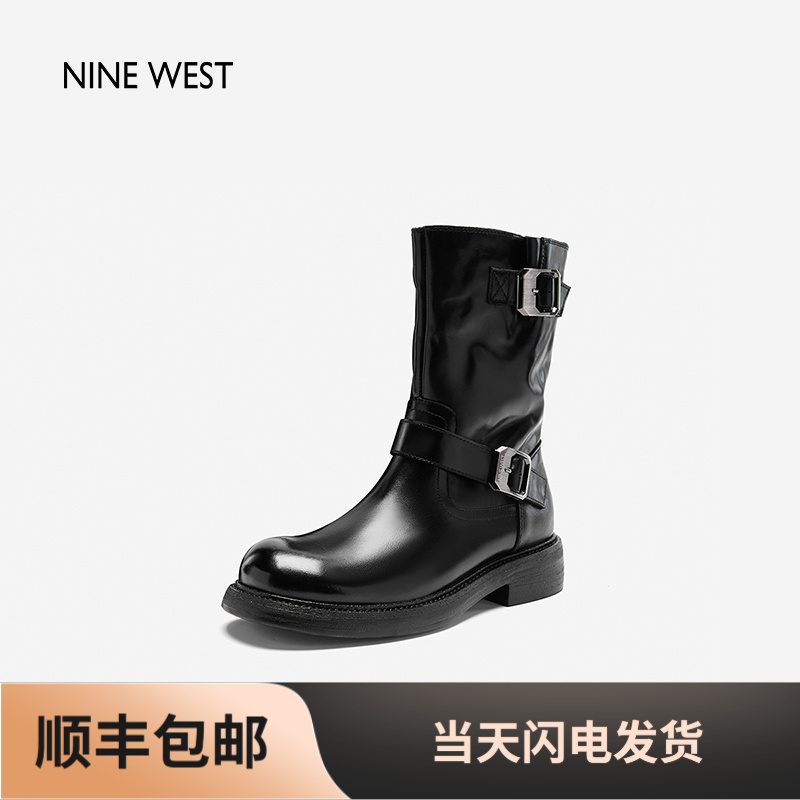 Nine West/玖熙马丁靴女2025秋冬款时尚轻奢中筒加绒气质牛皮短靴