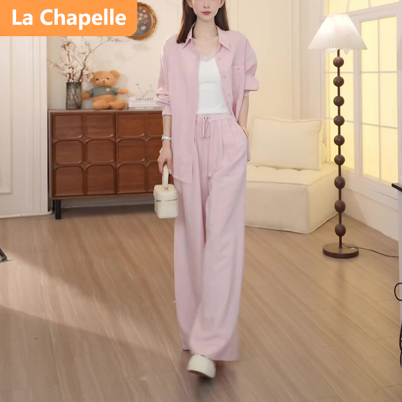 拉夏贝尔港风时髦休闲衬衣套装女2025洋气减龄粉色长袖衬衫两件套