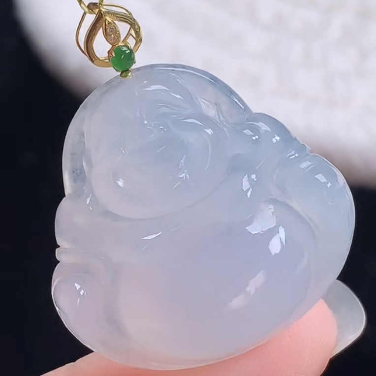 天然A货翡翠18k金扣头冰糯种佛公吊坠 完美 裸石24-25-7重量6.00g