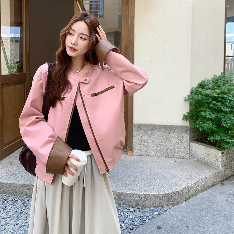 粉色甜酷风皮衣外套女秋季新款高级感巨好看撞色拼接小个子夹克