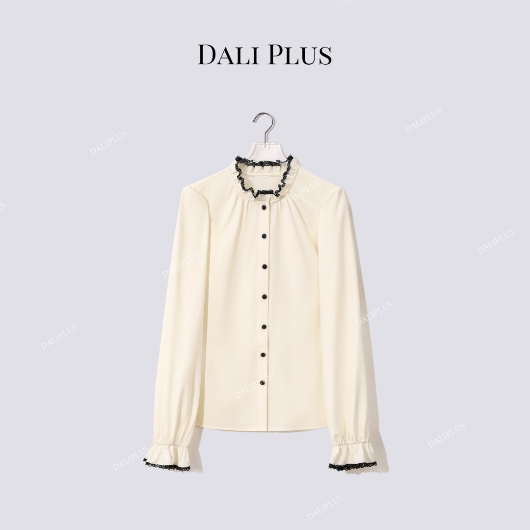 DALI PLUS“莱赛尔羊毛衬衫”蕾丝木耳花边立领长袖衬衫-D5ST1555