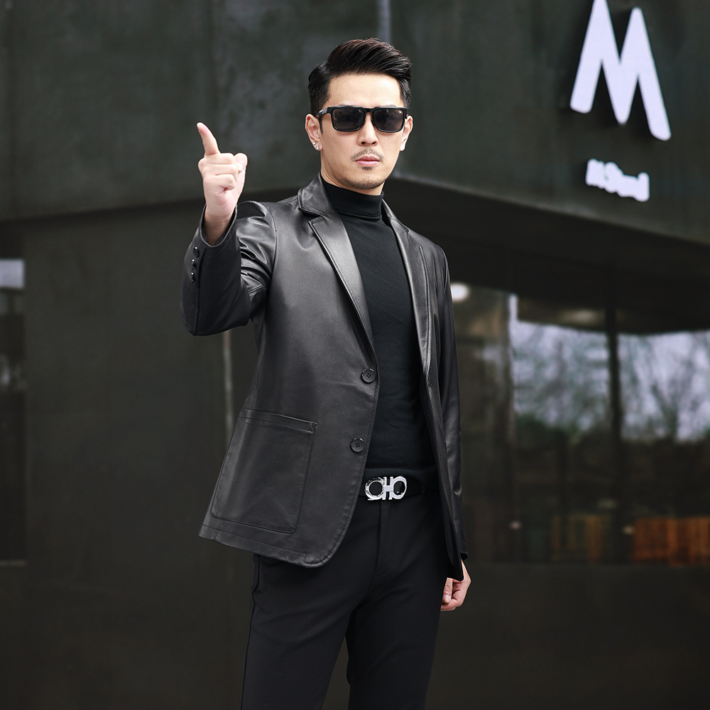 25881新款头层牛皮西装修身春秋男士真皮皮衣外套潮上衣海宁皮衣