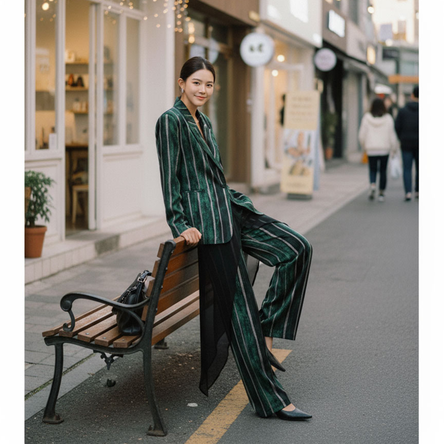 高腰阔腿裤西装两件套秋装休闲设计撞色条纹时尚套装SHBZW651942