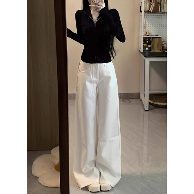 白色直筒牛仔裤女2025春夏新款高腰宽松显瘦小个子垂感拖地阔腿裤