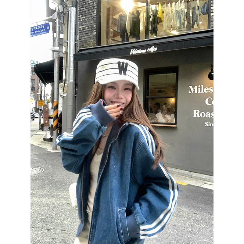 美式设计三条杠牛仔棒球服外套女秋季新款宽松高街翻领夹克上衣潮