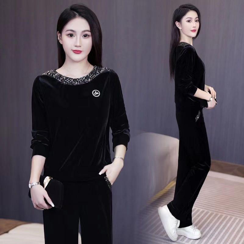 哥弟阿玛施正品金丝绒刺绣套装女2023秋季新款洋气显瘦圆领套头休
