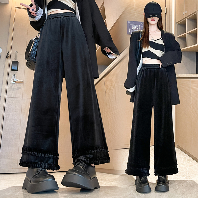 实拍金丝绒双层荷叶边阔腿裤女2025秋高腰显瘦直筒九分裤休闲裤子
