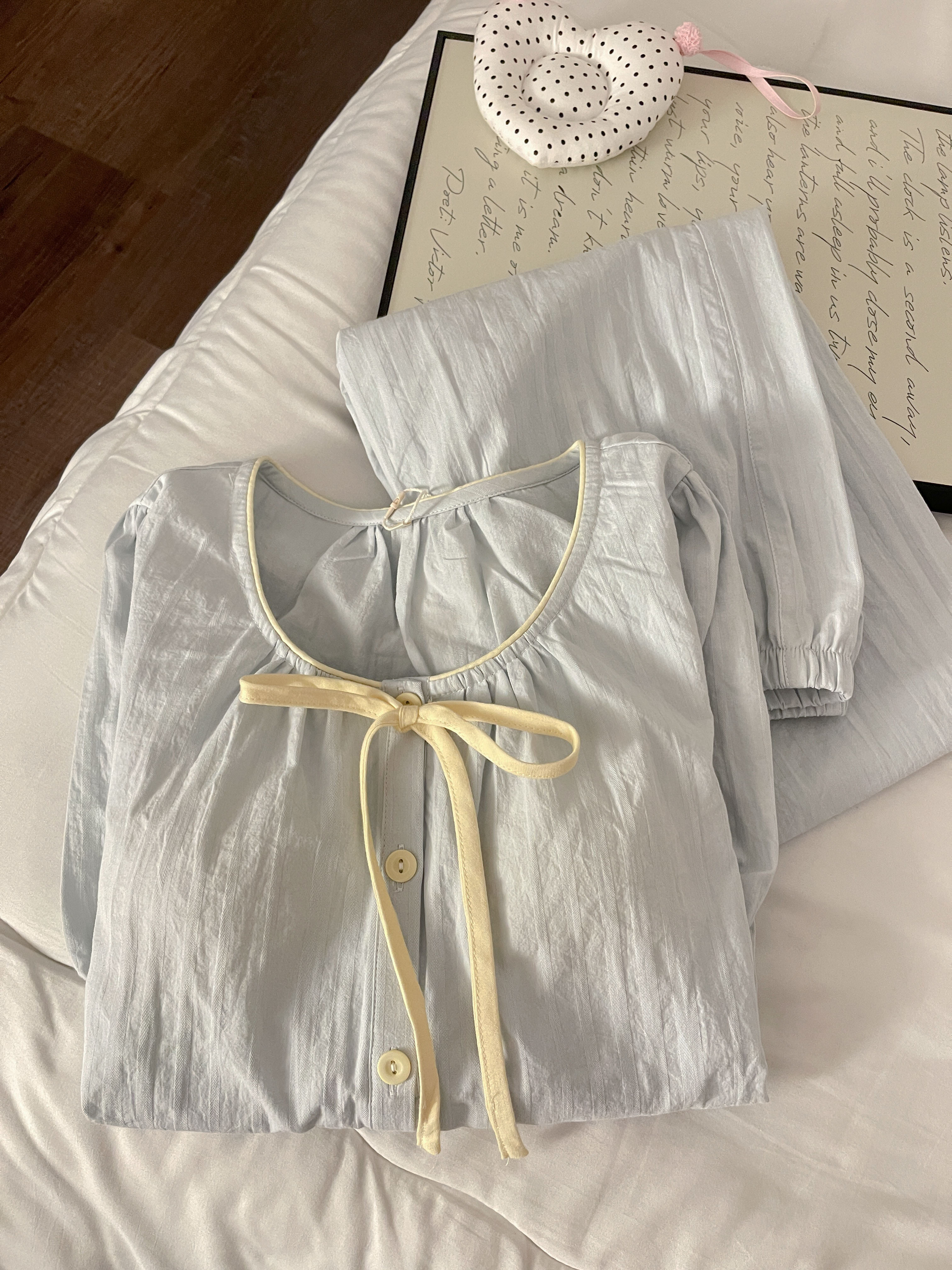 甜美可爱泡泡袖蝴蝶结睡衣套装女款2025新款夏季可外穿蓝色家居服