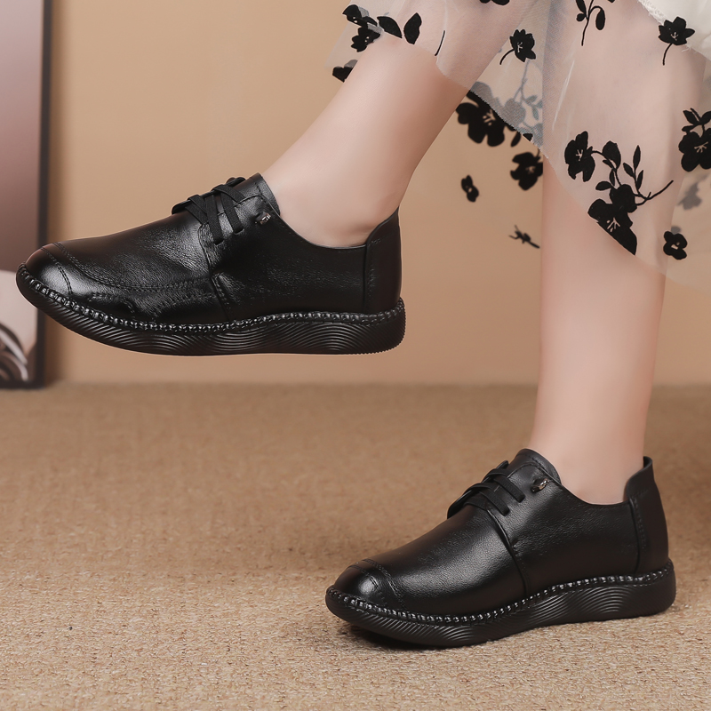 真皮单鞋平底妈妈牛皮牛筋舒适软底防滑中老年皮鞋女鞋休闲新款