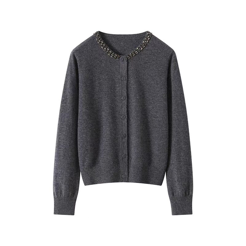 商场同款~镶钻重工100%羊毛衫格雷系列灰色针织开衫女外搭