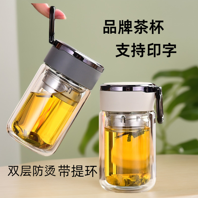 高颜值玻璃杯双层中式高硼硅杯子耐高温家用带盖轻奢高级感胖胖杯