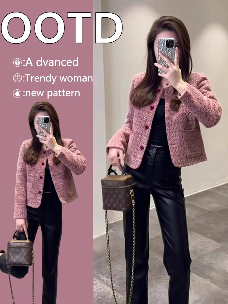 春装女款2025年新款独特超好看开春粉色短款小香风夹克外套女春季