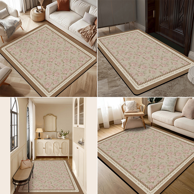 【全尺寸】美式玫瑰花图案家用地垫大别墅入户门防滑吸水满铺地毯