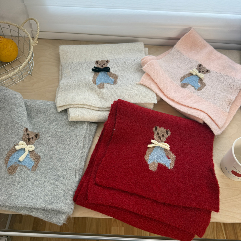 新款可爱小熊纯色针织围巾女冬季氛围感韩系日系儿童宝宝保暖围脖