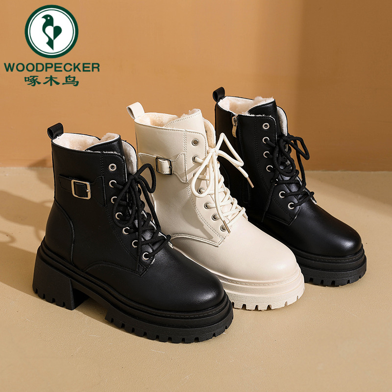 啄木鸟厚底增高马丁靴女款2025秋冬新款英伦风机车短靴加绒靴子女