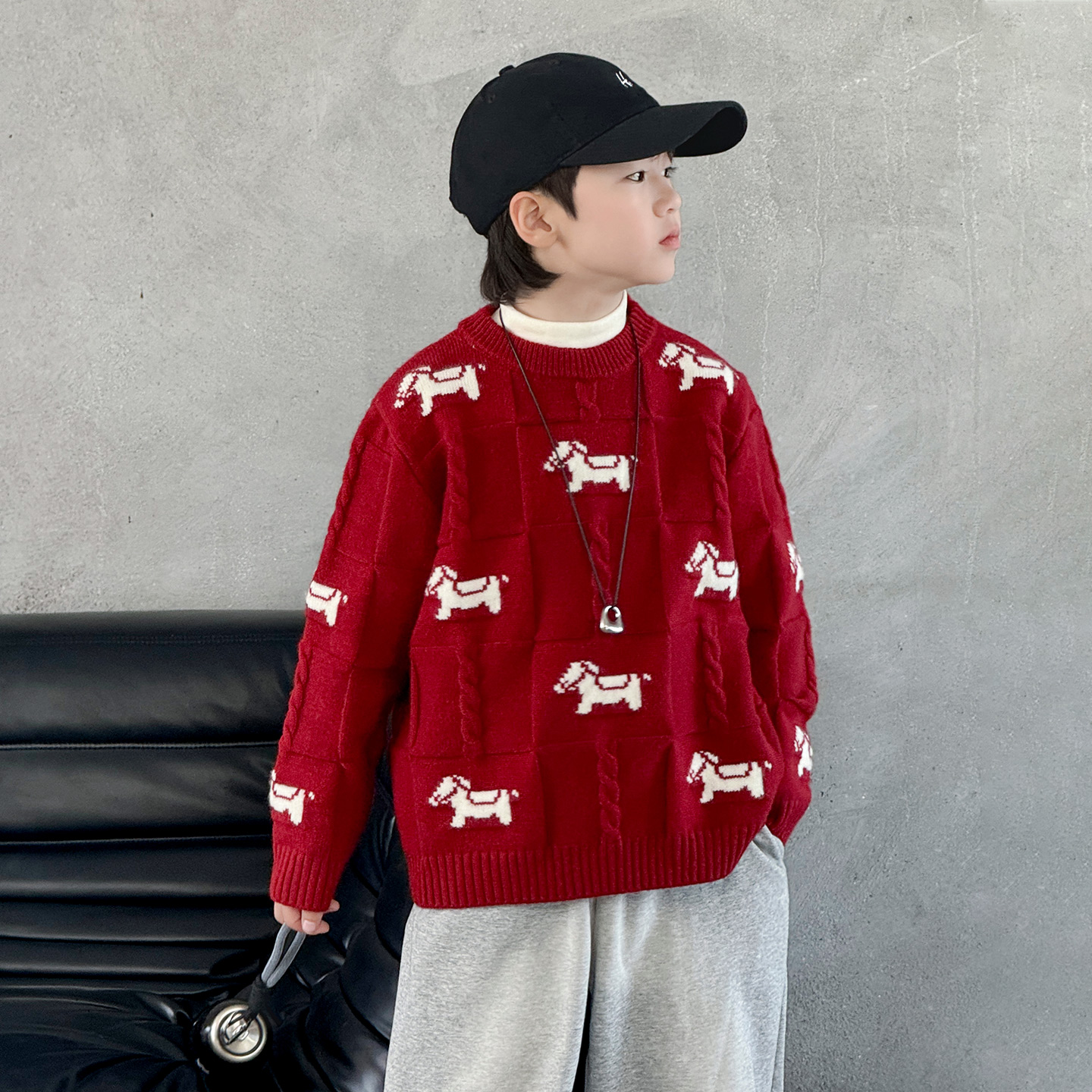 男童加厚红色毛衣秋冬款2026新款中大童儿童冬季本命新年马年衣服
