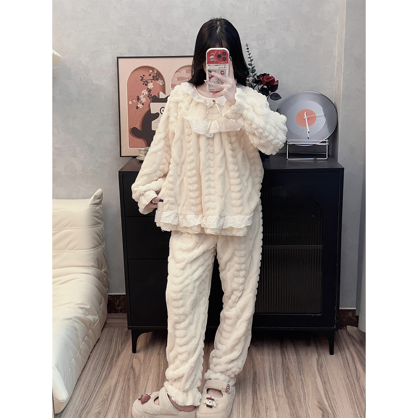 【奶呼呼】睡衣女冬季加厚长毛绒温柔花边新款冬天珊瑚绒家居服套装
