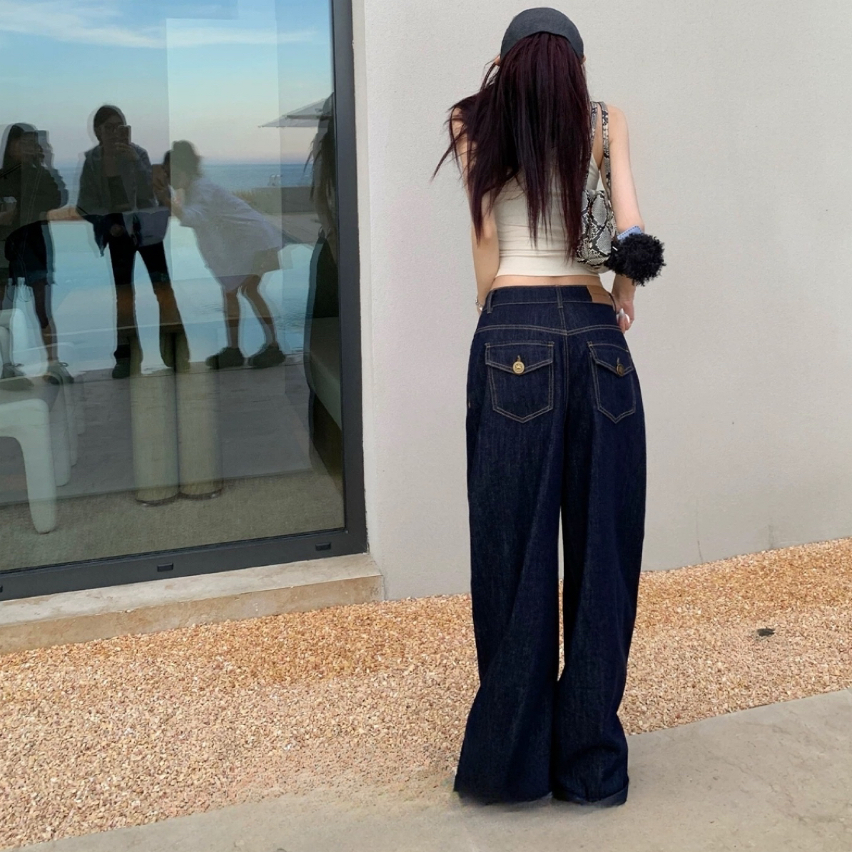 原色美式宽松垂感拖地裤深蓝高腰显瘦阔腿牛仔裤女2025秋季新款