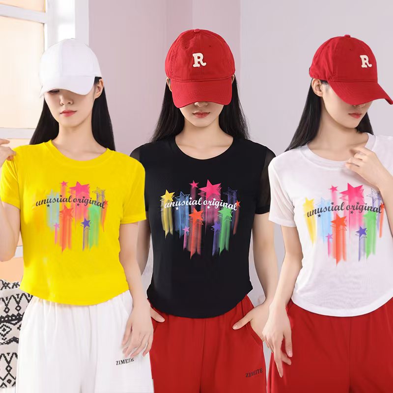 2025夏季新款时尚潮流双层网纱休闲百搭修身潮品彩色印花短袖