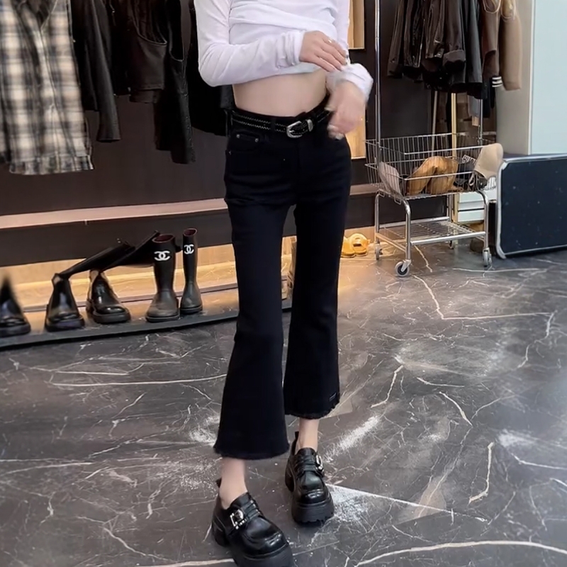 小个子高腰窄版显瘦毛边微喇裤子秋季新款大码百搭弹力九分牛仔裤