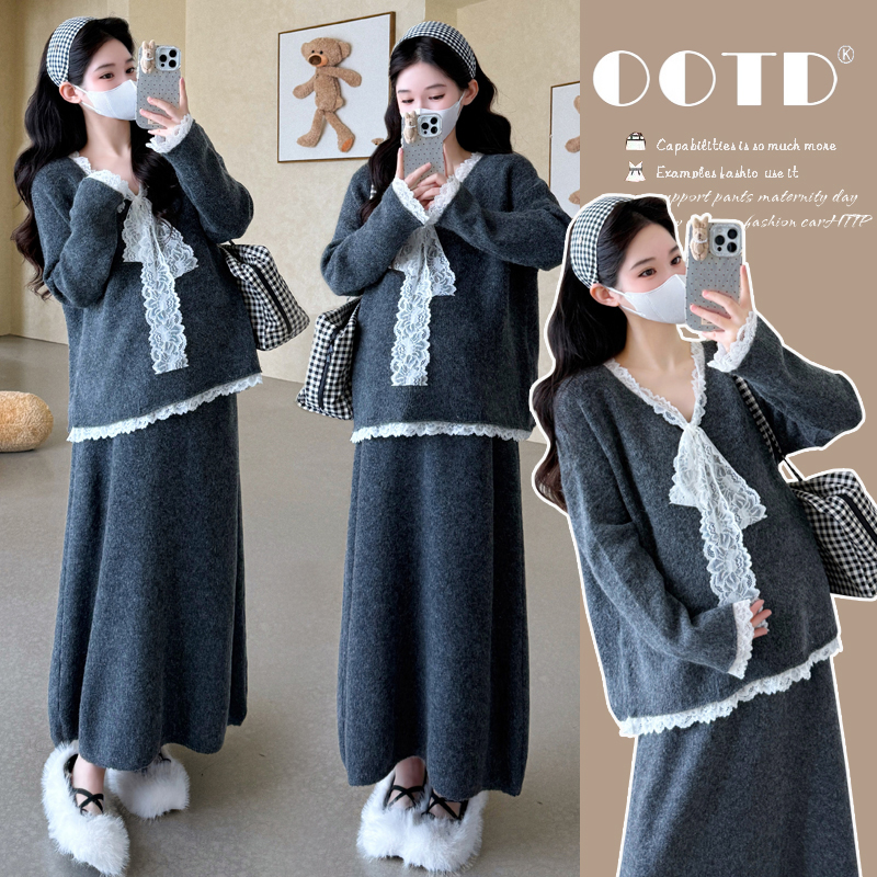 孕妇装秋装2025新款秋冬洋气时尚宽松蕾丝拼接气质减龄上衣半身裙