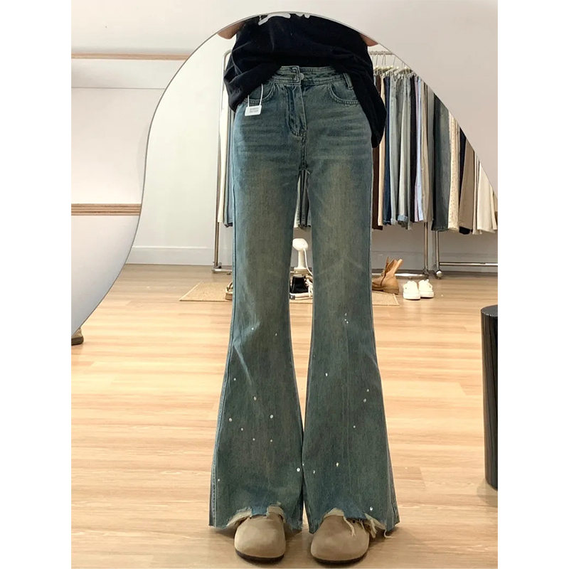 美式复古水洗烫钻微喇牛仔裤女夏季宽松毛边显瘦高腰直筒阔腿长裤