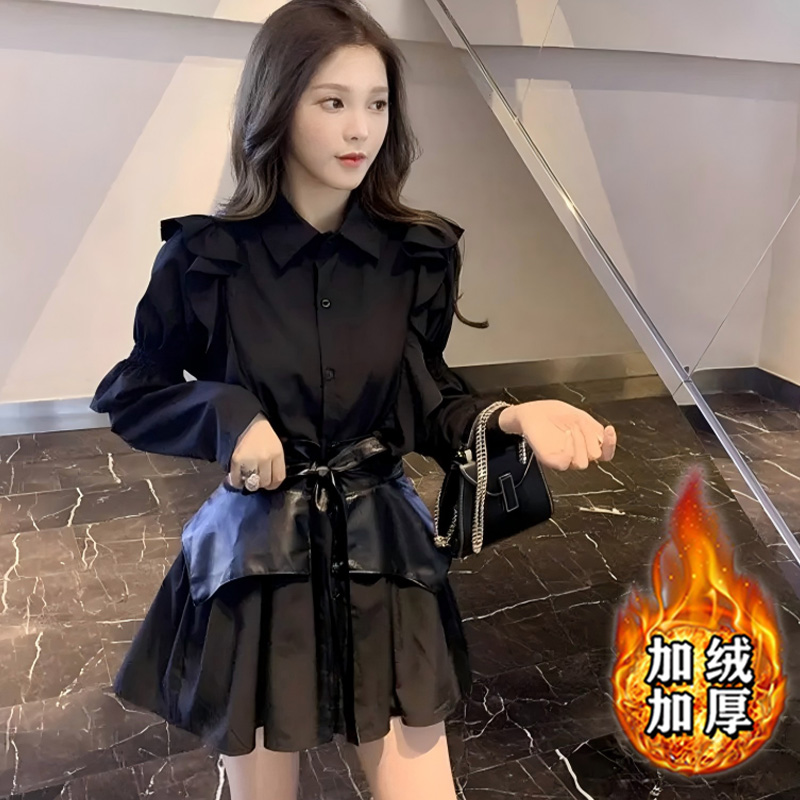 【加绒加厚】洋气减龄炸街连衣裙女设计感衬衫裙子TX0239