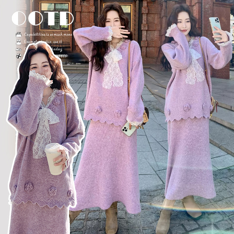 孕妇套装2025秋冬韩系手工花朵蕾丝毛衣上衣+抽绳半身裙两件套