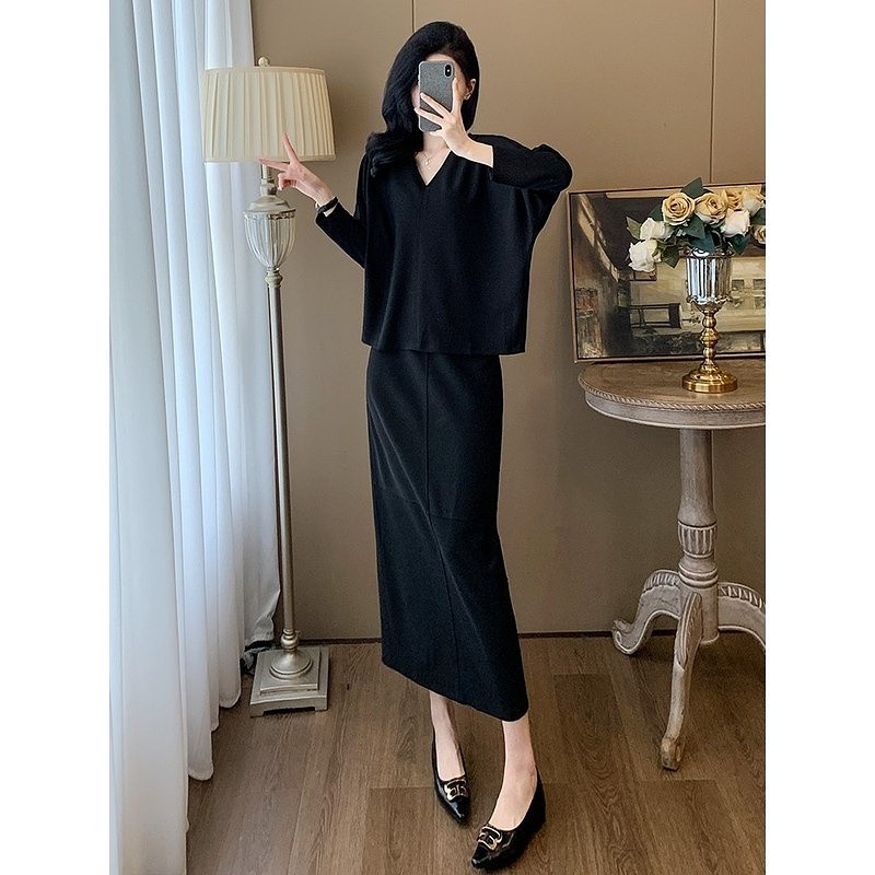 哥弟阿玛施正品高级感穿搭时尚套装女2025早秋季V领长袖上衣半身
