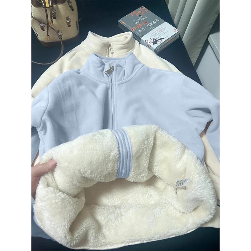 秋冬季蓝色摇粒绒外套女加绒校服神器内搭冲锋衣内胆羊羔绒卫衣