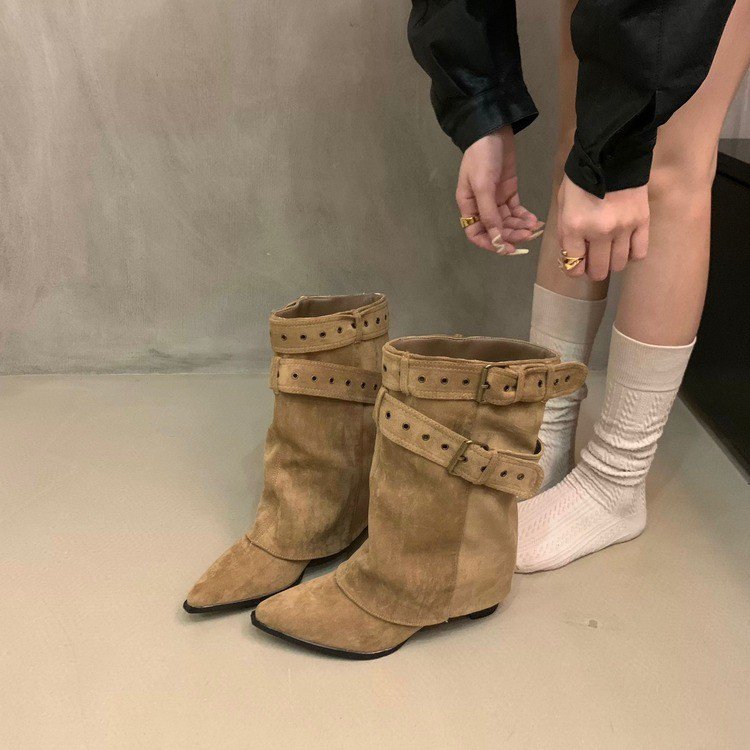 复古粗跟中筒靴女2025新款秋季百搭尖头西部牛仔靴皮带扣裤管靴子