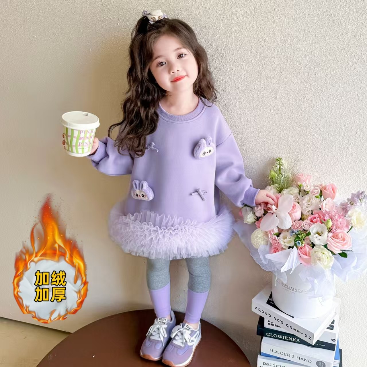女童秋冬新款儿童洋气时髦女宝宝休闲卡通韩版套头加绒卫衣裙