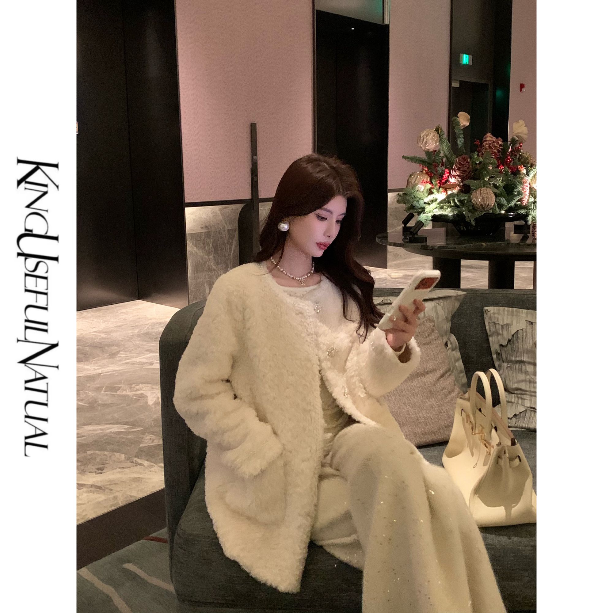 KUN【白兰地】轻奢光晕 高品质珍珠织带环保草中长H型秋冬加厚外套