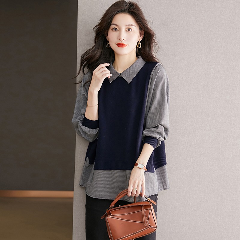 减龄假两件针织上衣2026年春秋新款女装春秋打底衫女宽松长袖T恤