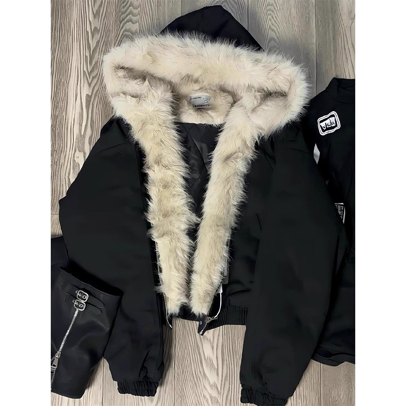 黑色座山雕毛领连帽棉服外套男冬季cleanfit美式解构短款夹克棉衣