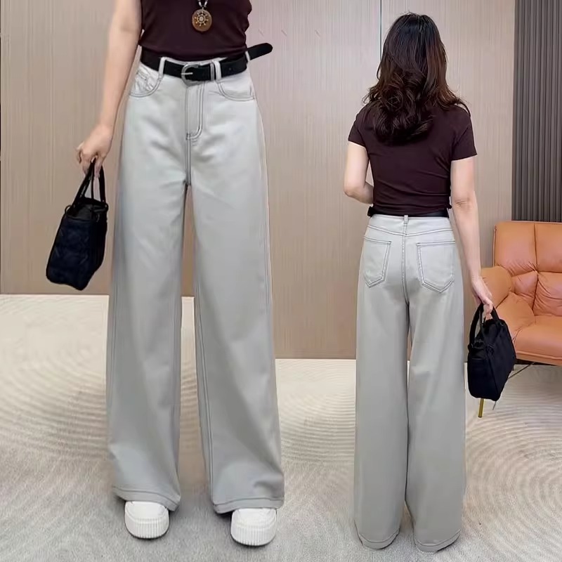 艾格薄款2025新款莫兰迪灰牛仔裤女夏季高腰垂感直筒弯刀阔腿裤子