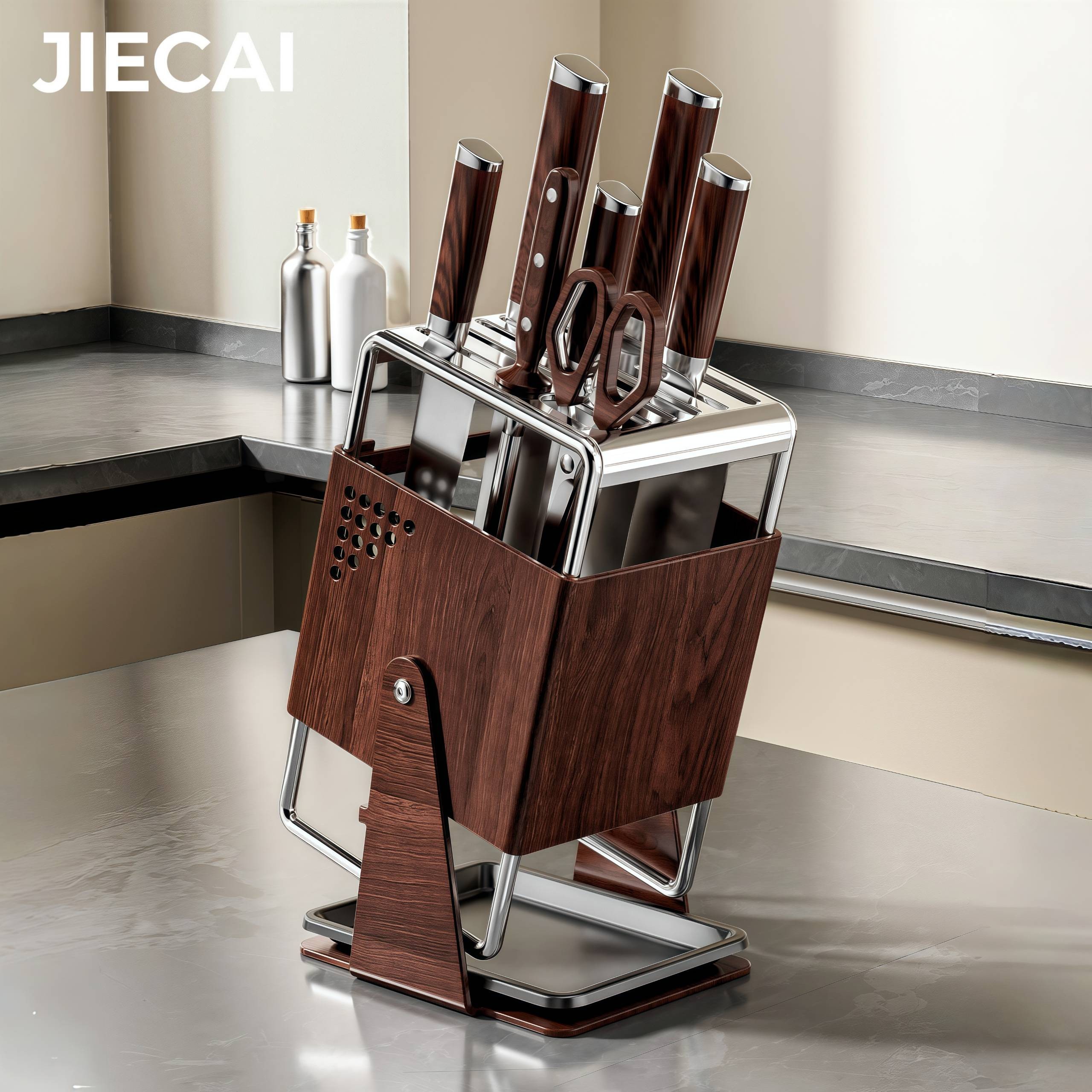 加厚304不锈钢刀架厨房刀具收纳架台面置物架多功能放菜一体刀架