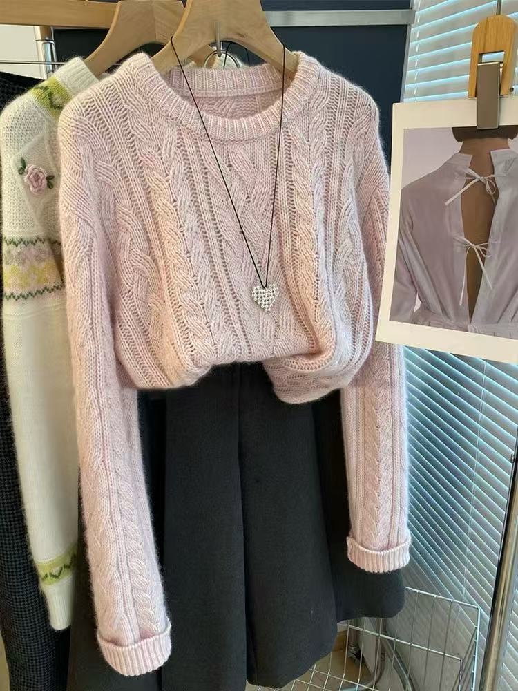 K5088 浅浅粉 麻花螺纹套头圆领针织衫毛衣女秋冬韩版