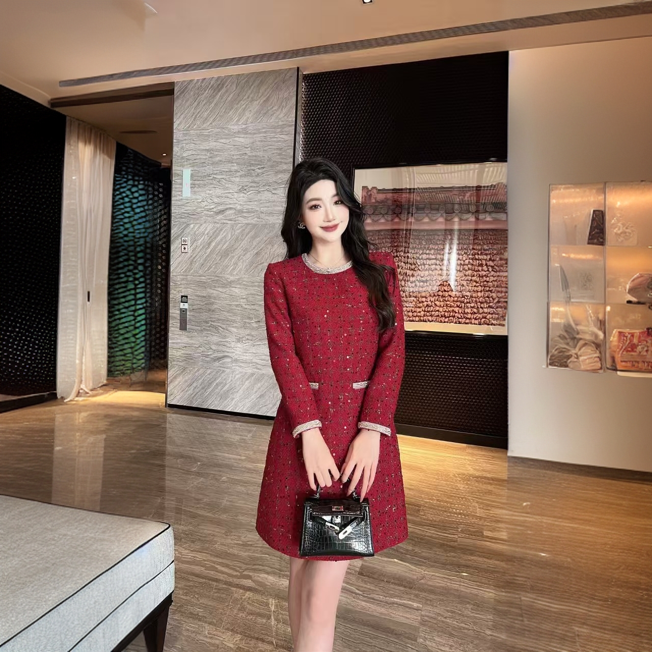 新款小香风拼接亮片优雅显瘦时尚A字长袖裙子高贵轻奢连衣裙