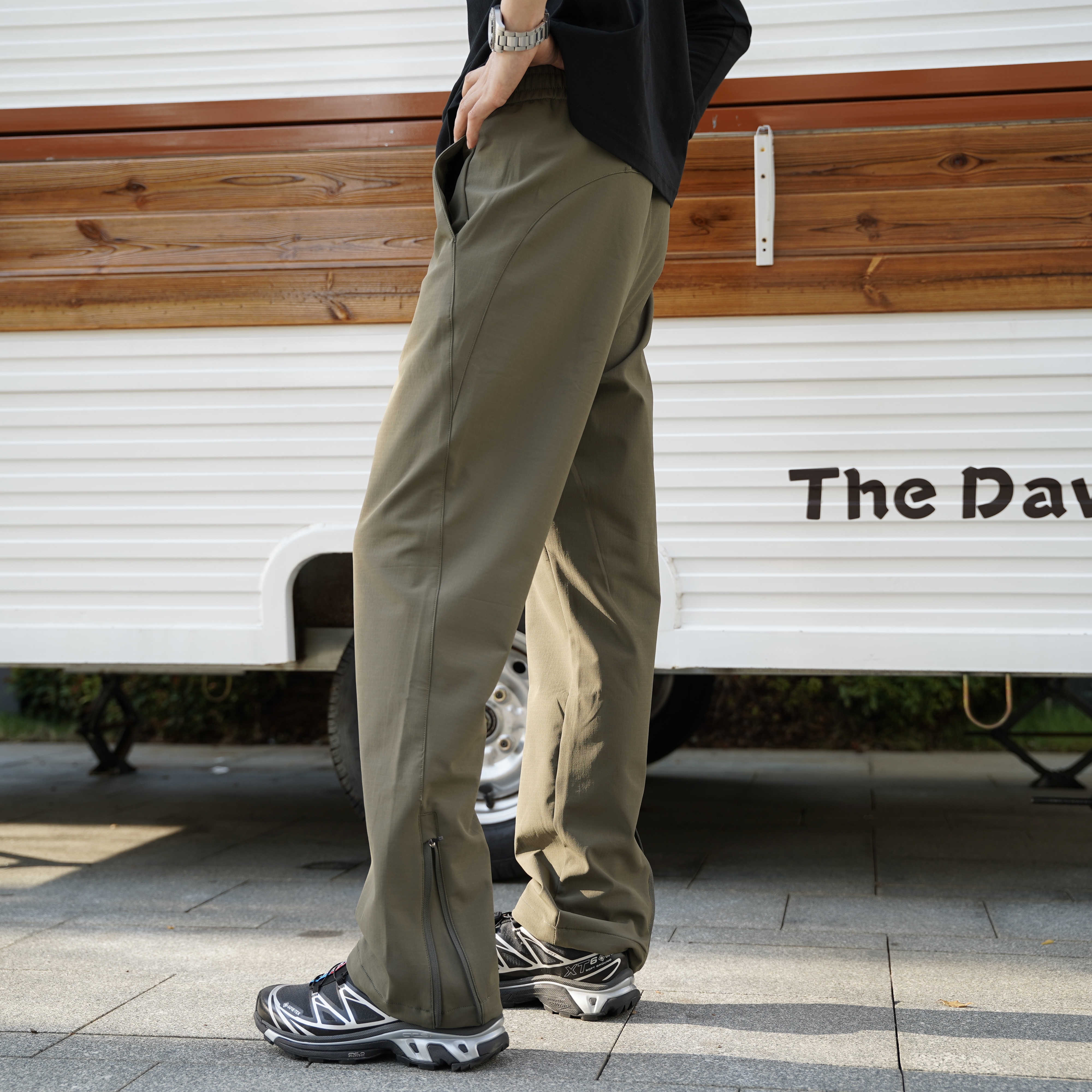 秋冬季Lu版裤脚拉链男士直筒休闲裤户外软壳防水机能百搭宽松长裤