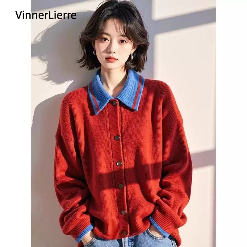 薇妮诺红蓝撞色毛衣开衫女秋冬季慵懒宽松显瘦针织衫小众时尚上衣