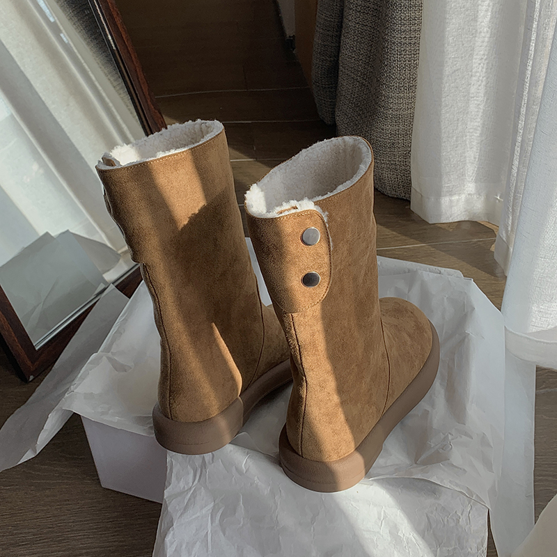 2025冬季加绒保暖大棉鞋多穿可翻折中筒靴绒面平底一脚蹬雪地靴女