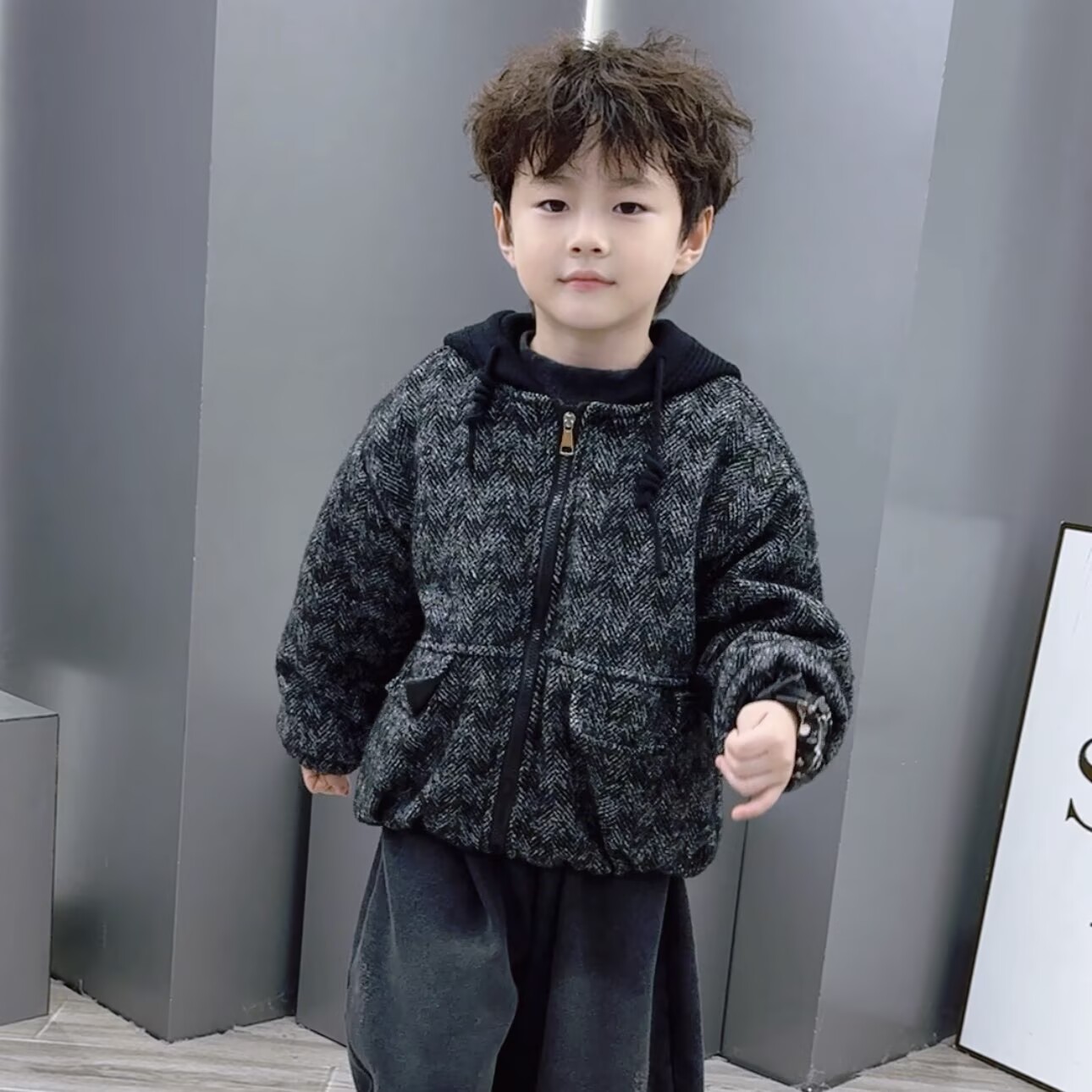 (90-150)男童中小童帅气冬季韩系潮酷毛呢毛线帽收腰短款小棉袄
