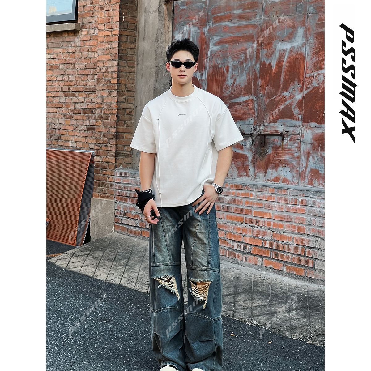 【现货】胖俗俗 pssmax【立体压褶铆钉】2025新款休闲宽松短袖T恤男